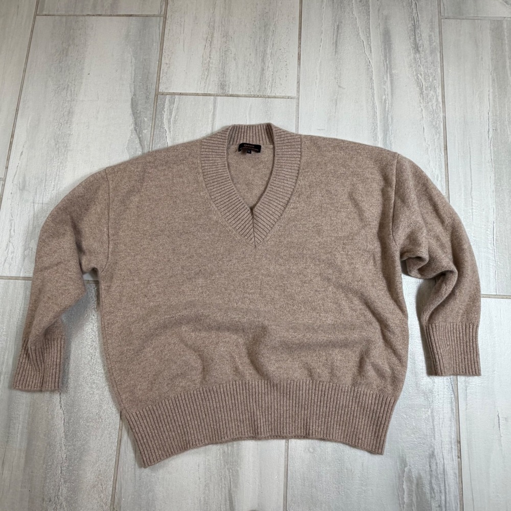 Quince 100% Mongolian Cashmere V-Neck Sweater Tan Oatmeal Heather Large L
